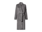 Grey plush bathrobe with a tie belt and pockets.