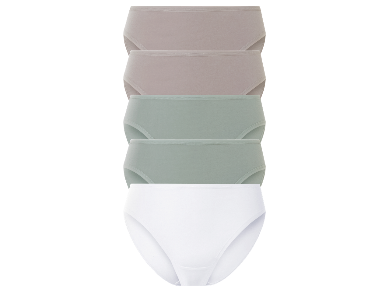 Комплект от пет дамски бикини в бежово, зелено и бяло.