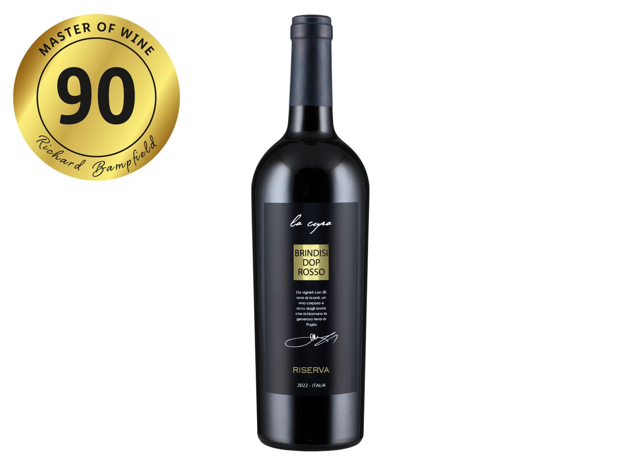 Red wine bottle with a gold 90-point Master of Wine rating by Richard Bampfield.