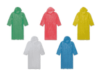 Fünf Regenponchos in verschiedenen Farben: grün, rot, gelb, weiß und blau.