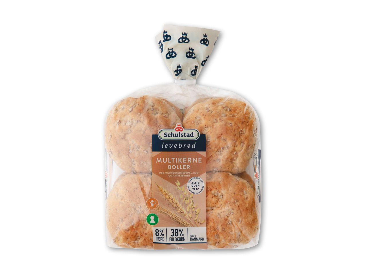 Pakke med fire multikerneboller med 8% fibre og 38% fuldkorn, bagt i Danmark.