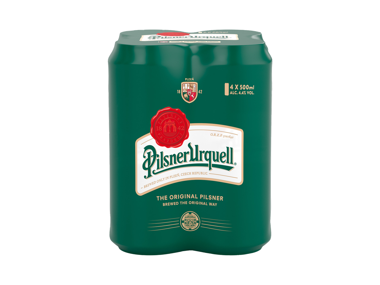 Pilsner Urquell bax 4 doze de 500ml, 4,4% ABV, verde cu branding roșu și auriu.
