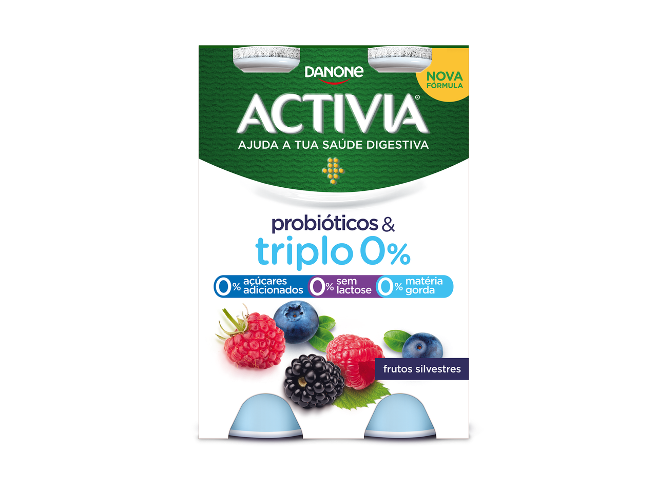 Embalagem de iogurte com probióticos e frutos silvestres, 0% açúcares adicionados, lactose e matéria gorda.