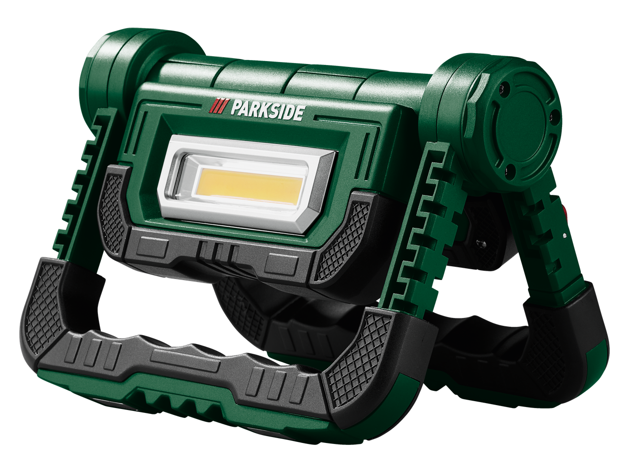 PARKSIDE roheline ja must LED-prožektor reguleeritava käepideme ja alusega.