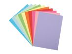 Fan of colorful craft paper sheets in various shades, including blue, green, yellow, orange, red, pink, and purple.