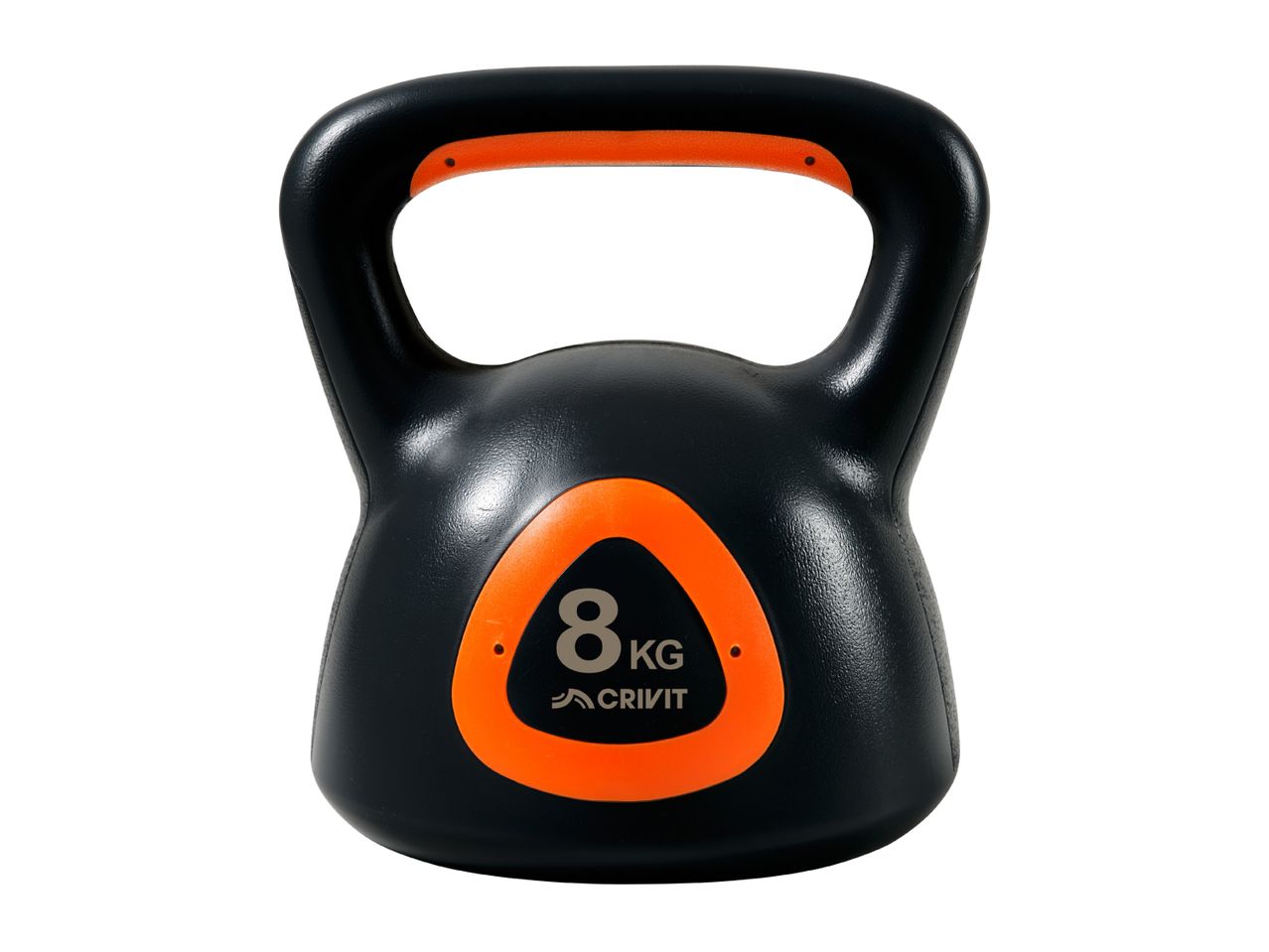 Black kettlebell with orange accents, 8 kg weight indicated on the side.