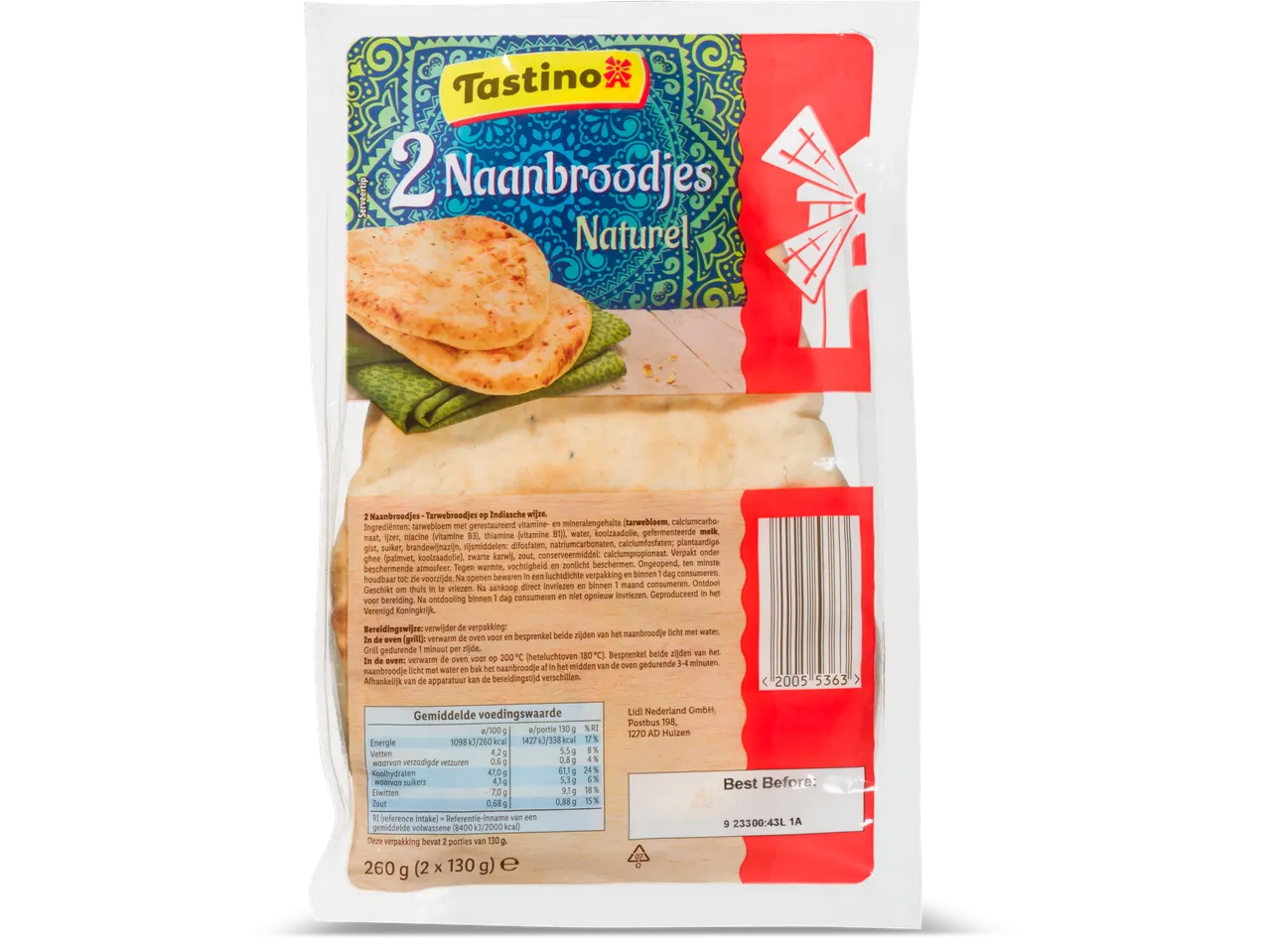 Tastino Naanbrodtjes Naturel: Twee Indiase plattebroden in verpakking.
