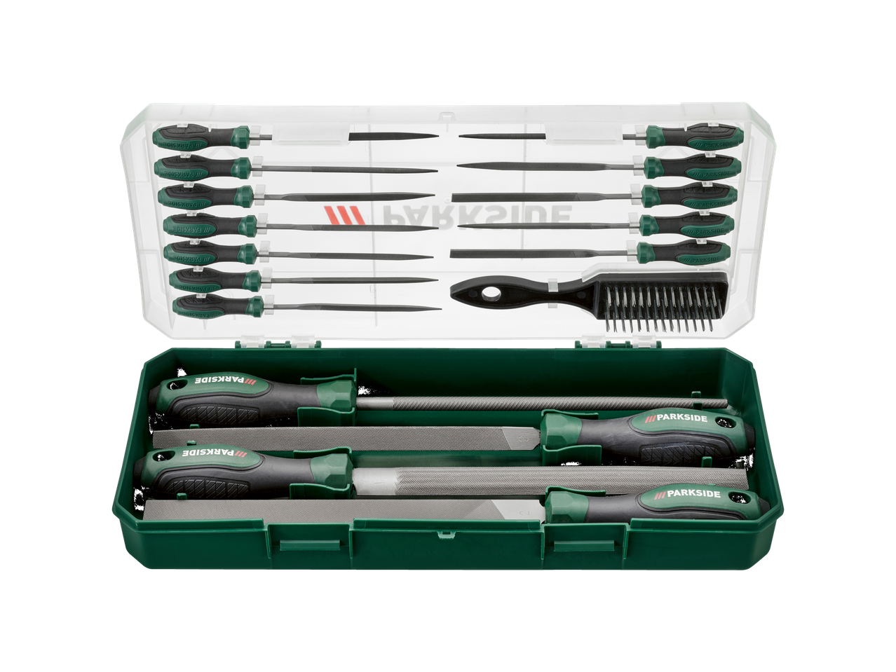 A PARKSIDE® file set with various files and a brush in a green and clear case.