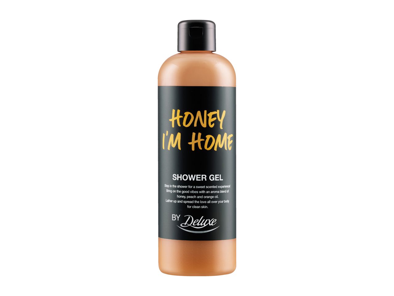 Shower gel bottle with 'Honey I'm Home' label, scented with honey, peach, and orange oil.