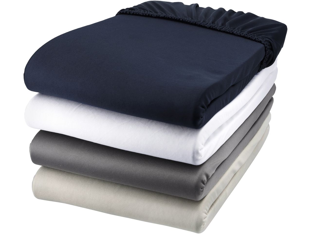 Una pila di lenzuola con angoli in blu navy, bianco, grigio e beige.
