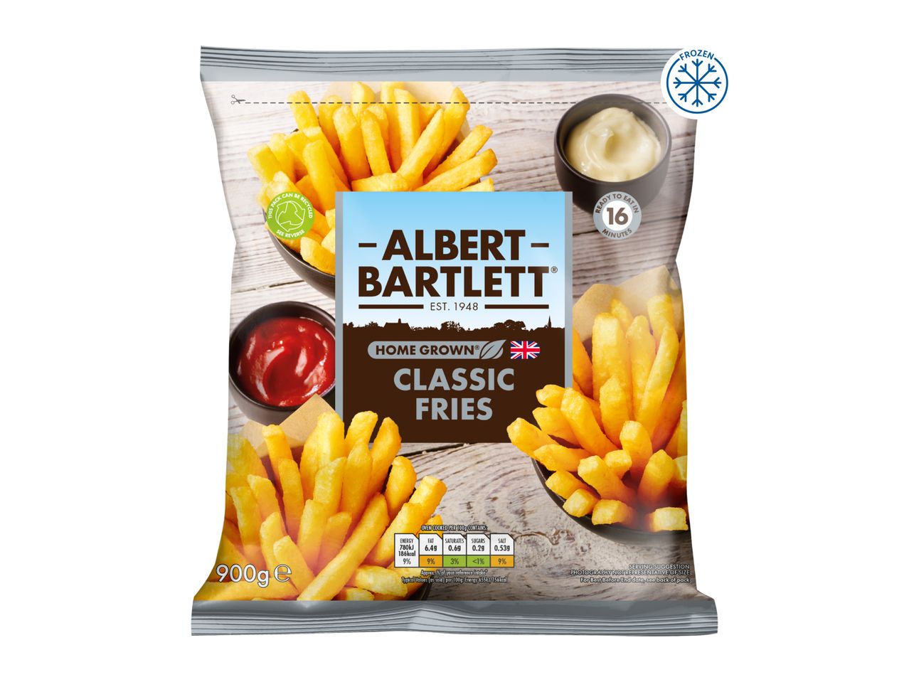 Frozen classic fries with ketchup and mayonnaise, ready in 16 minutes.