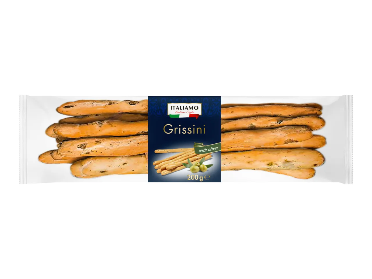 Italian-style grissini breadsticks with olives, 200g, in a clear plastic package.