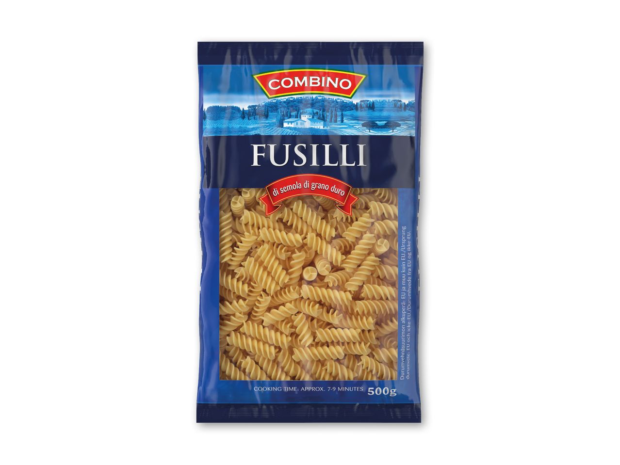 Pakke med 500g fusilli pasta lavet af durumhvede, med en tilberedningstid på 7-9 minutter.