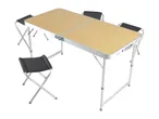 Portable folding table with a bamboo-look top and four black folding stools.