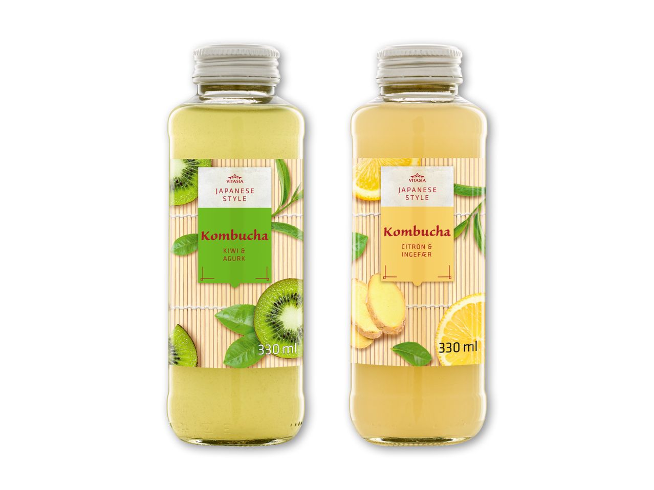 To flasker japansk-inspireret kombucha: kiwi & agurk og citron & ingefær.