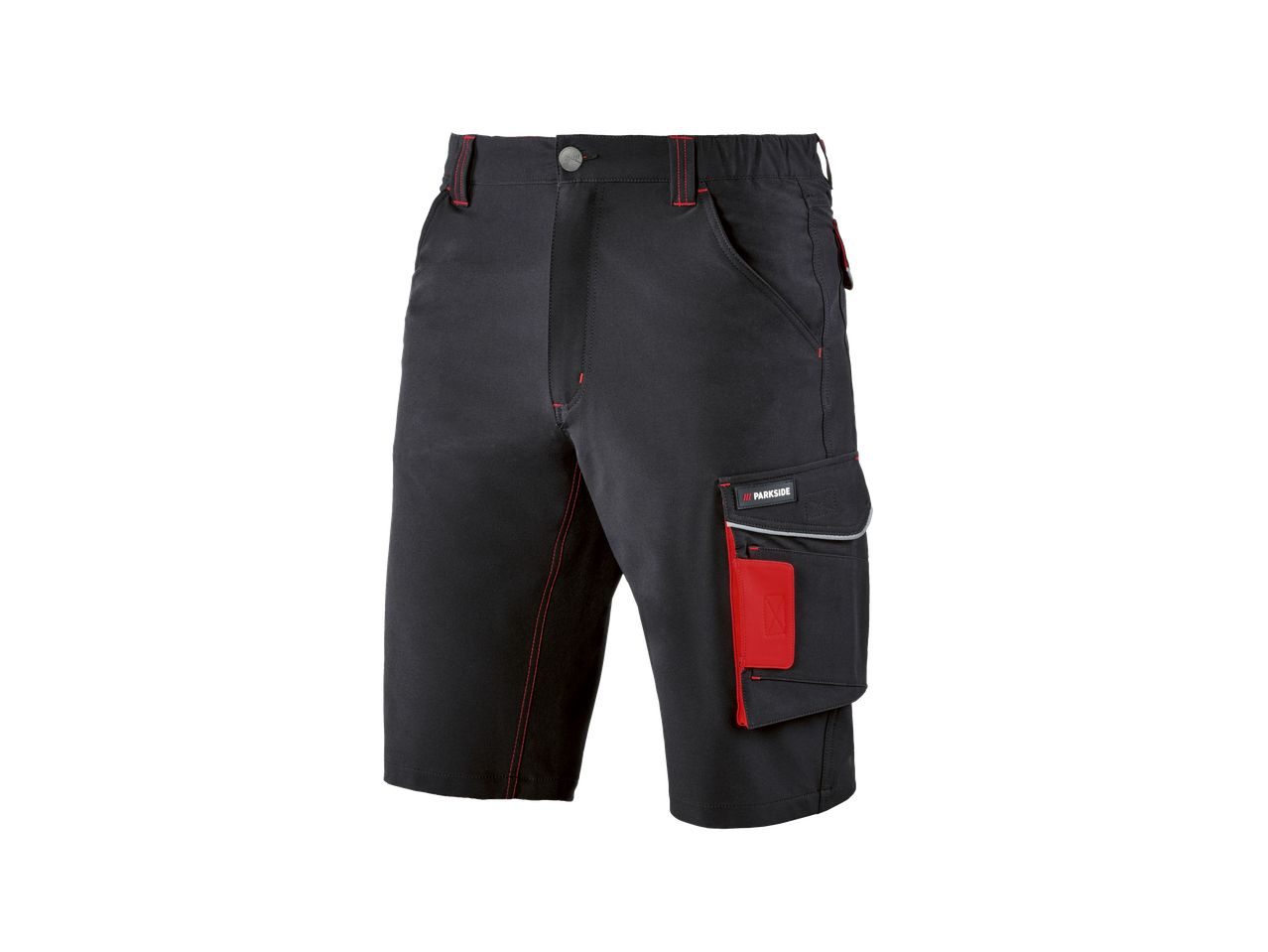 Pantaloni scurți de lucru negri cu detalii roșii și buzunare laterale.