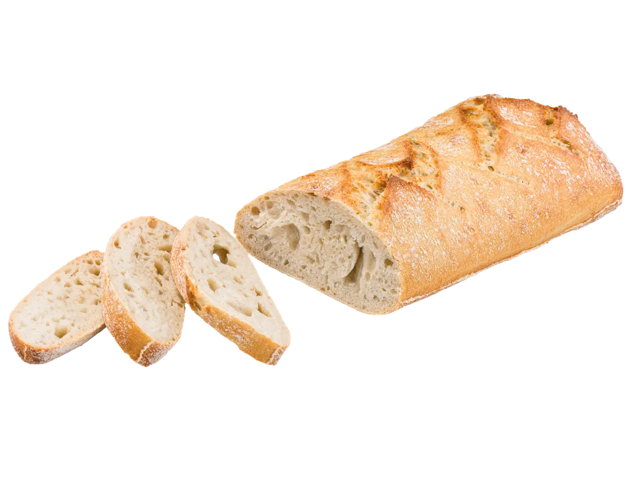 En brödlimp med tre skivor skurna.