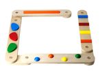 Wooden educational toy with colorful shapes and bars, forming a square frame.