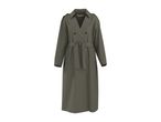 Khaki green double-breasted trench coat with a tie belt and shoulder epaulets.