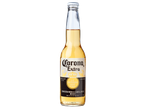 Een fles Corona Extra bier met etiket op een zwarte achtergrond.