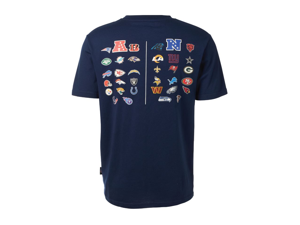Navy blue t-shirt with NFL team logos on the back.