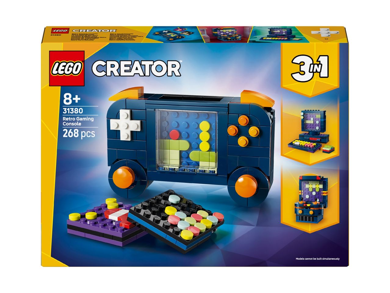 Retro Gaming Console building set, 3-in-1, for ages 8+, 268 pieces.