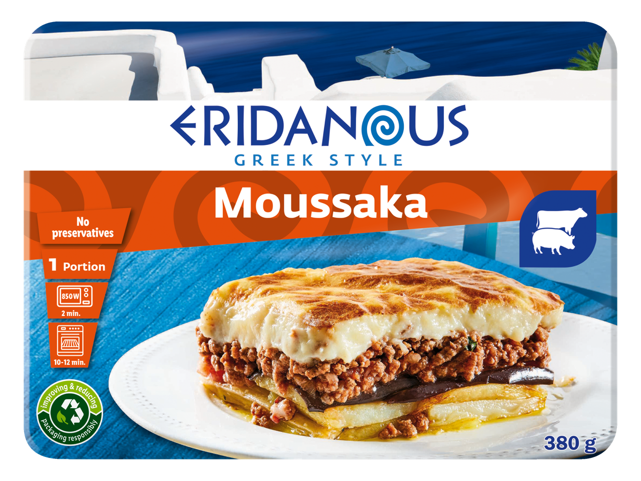 Eridanous Griekse stijl Moussaka: een bevroren maaltijd voor één persoon.