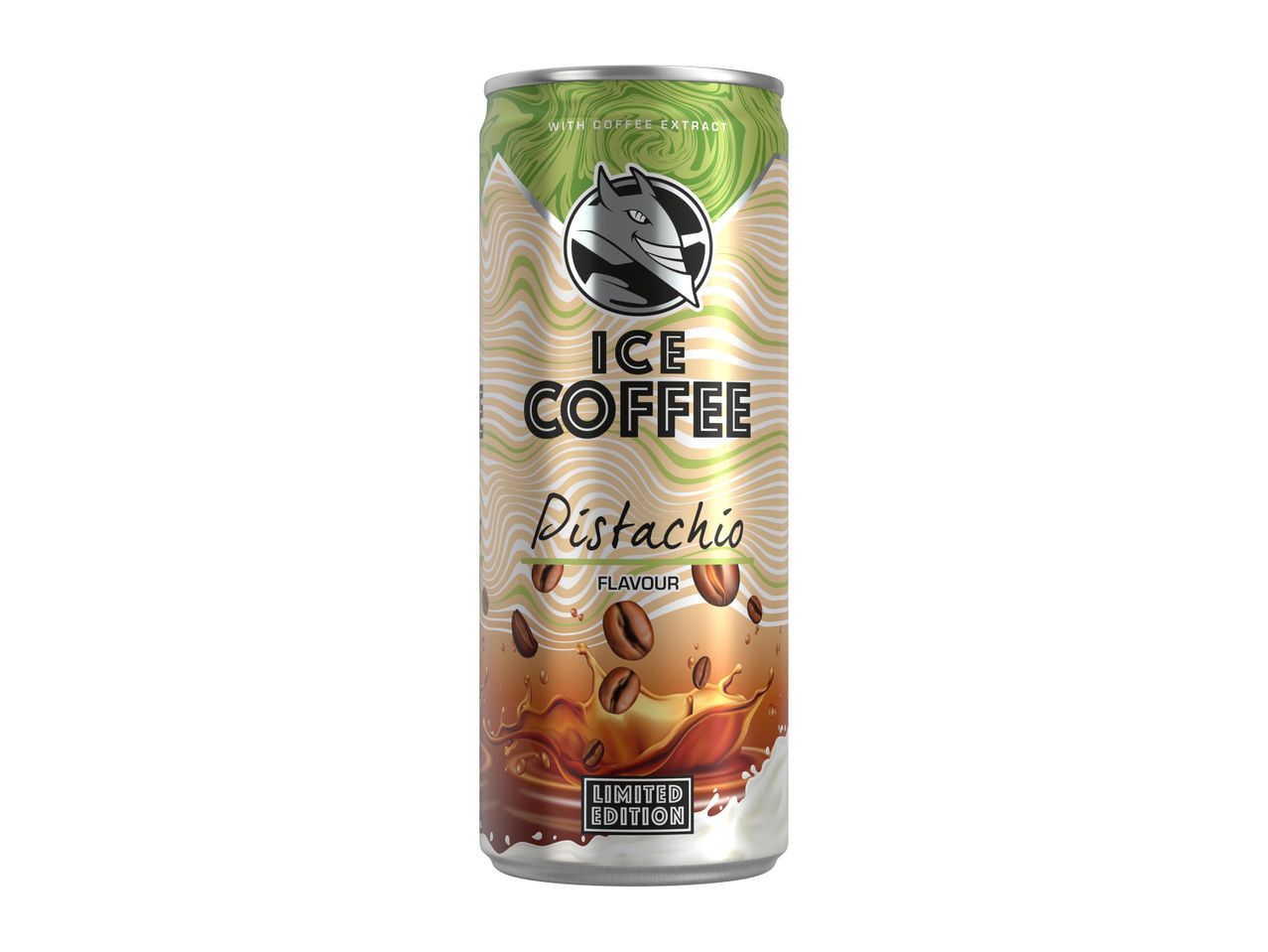 Pistachio ízű jegeskávé italos dobozban, kávébabokkal és tejfröccsel.