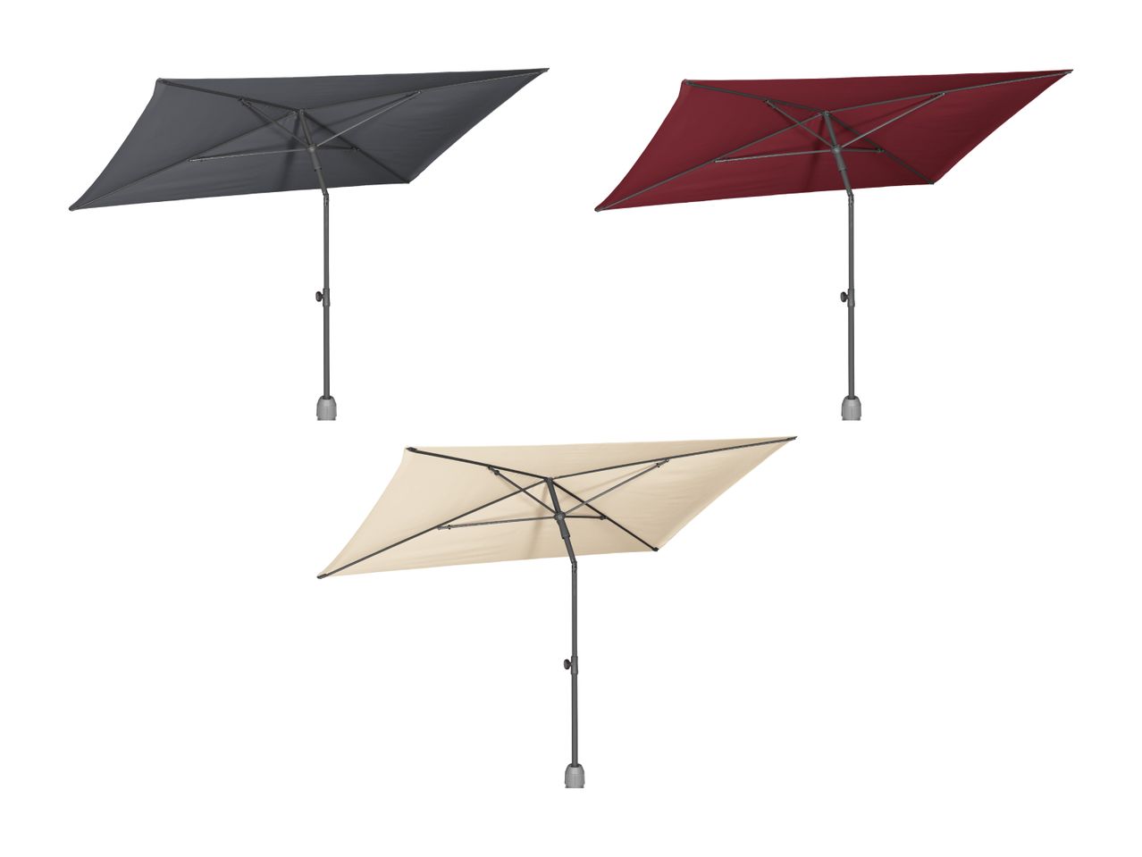 Parasols de terrasse rectangulaires disponibles en gris, rouge et beige.