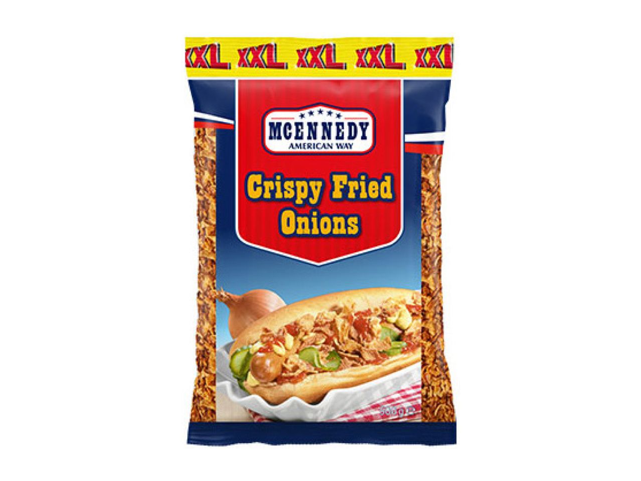 Crispy fried onions in a large bag, with a hot dog and onion illustration.