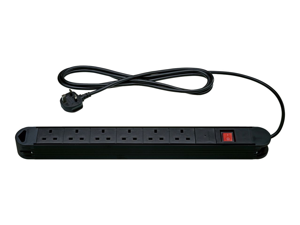 Black 6-way power strip with UK plugs and a red illuminated on/off switch.