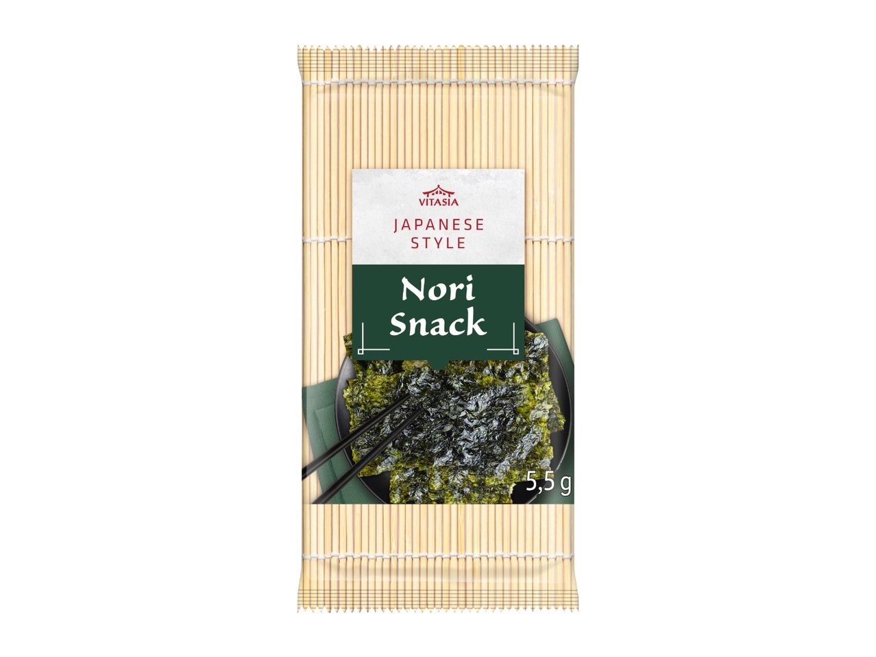 Japanese style nori snack packaging with seaweed and chopsticks