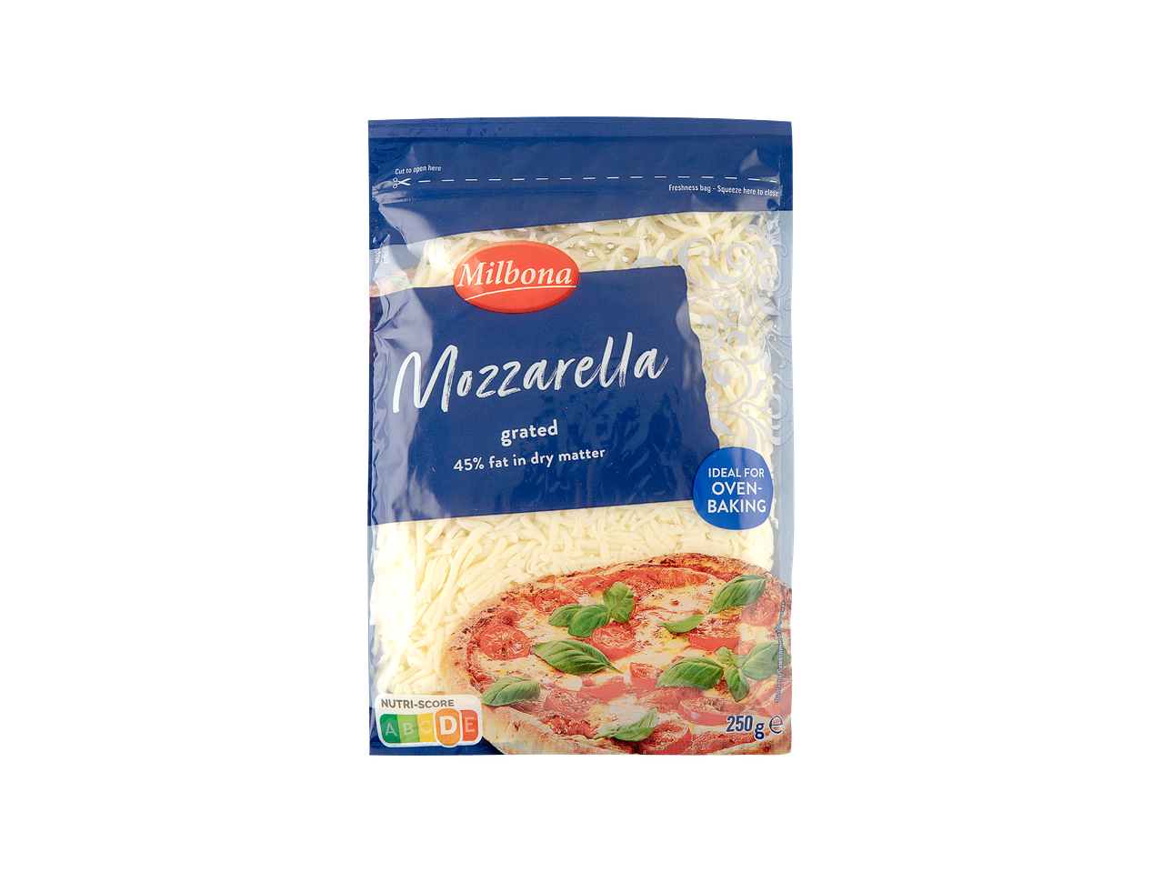 Pakiranje ribane mozzarelle s natpisom 'idealno za pečenje u pećnici' i slikom pizze.