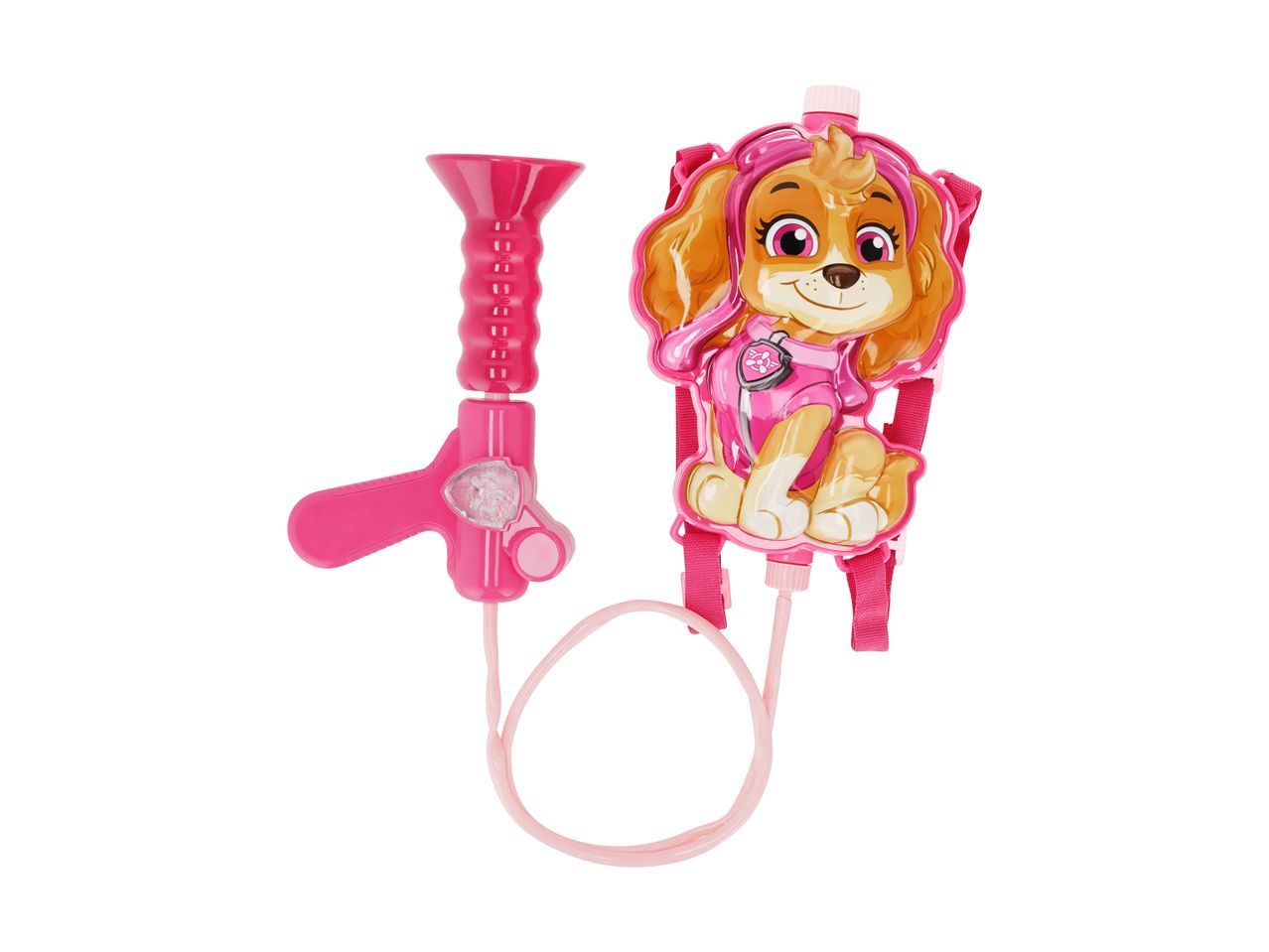 Pink vandpistol og rygsæk i form af en tegneseriehund.