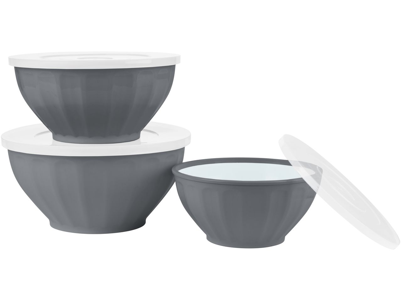 Three gray mixing bowls with white lids, one open with a clear lid beside it.