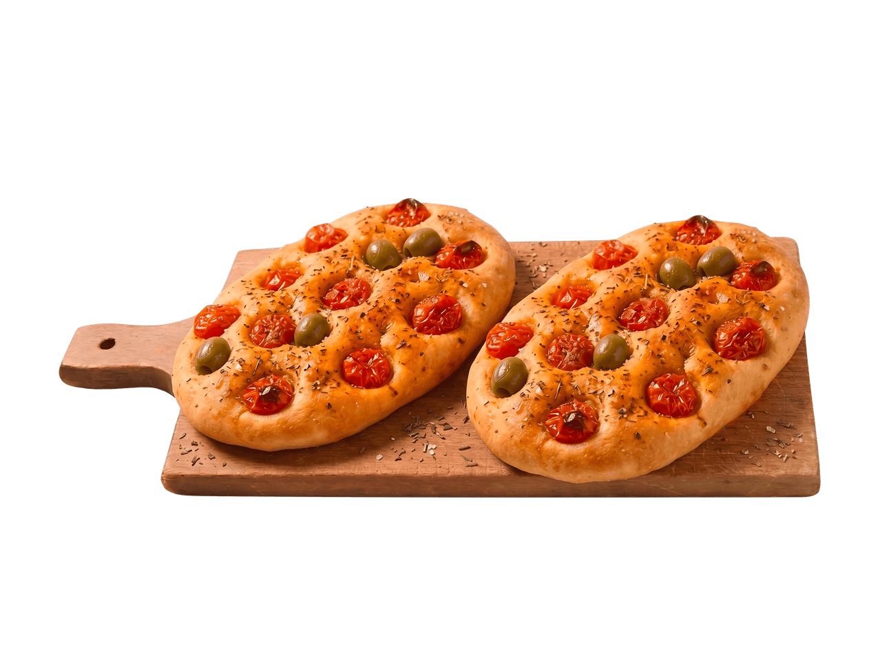 Due focacce con pomodorini e olive verdi su tagliere di legno.