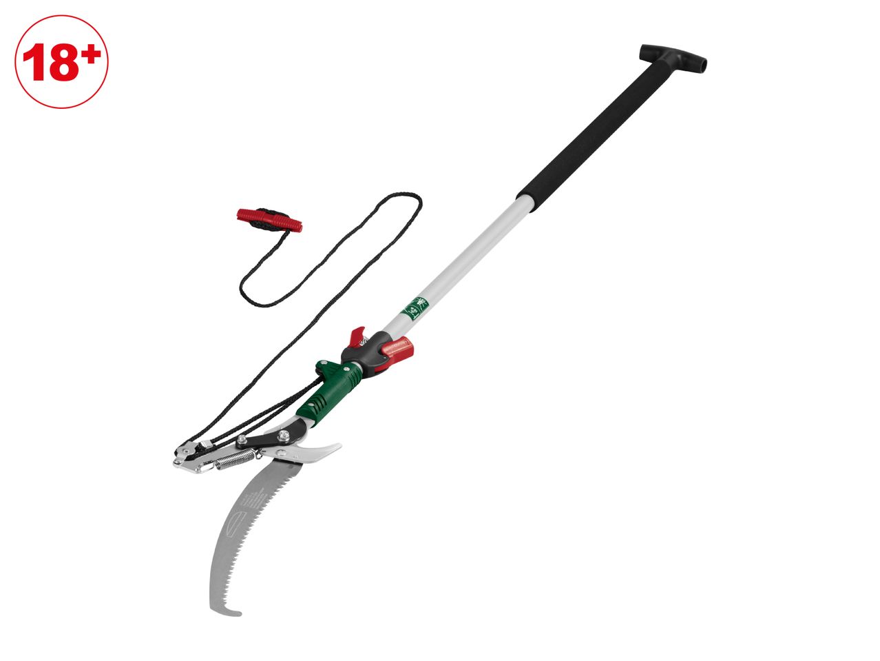 Long-reach tree pruner with saw blade and rope mechanism, featuring an 18+ age restriction symbol.