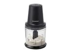 Black food chopper with a clear bowl containing white cream, on a white background.
