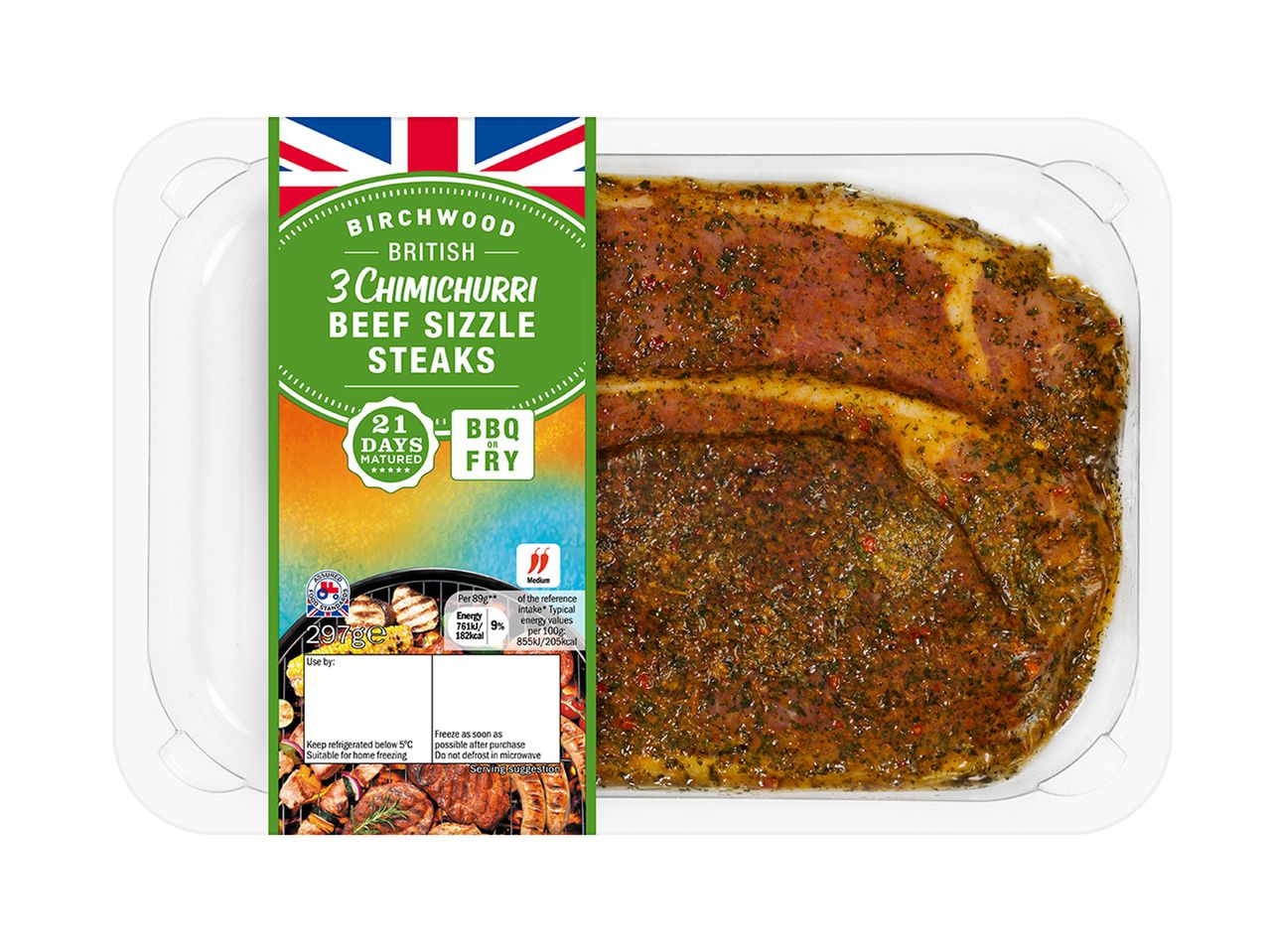 3 Birchwood chimichurri beef steaks, BBQ or fry.