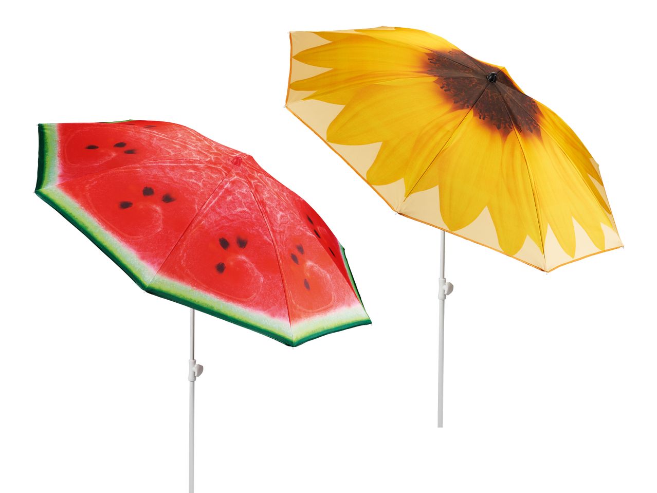 Zwei Sonnenschirme, einer mit Wassermelonen-Muster und einer mit Sonnenblumen-Muster.