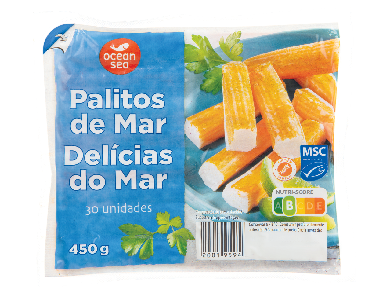 Pacote de 450g de Palitos de Mar Delícias do Mar da Ocean Sea, com 30 unidades.