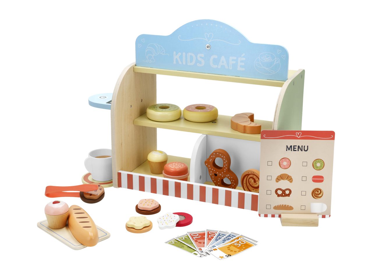 Wooden Kids' Cafe play set with pastries, coffee, and play money, featuring a 'Kids Cafe' sign.