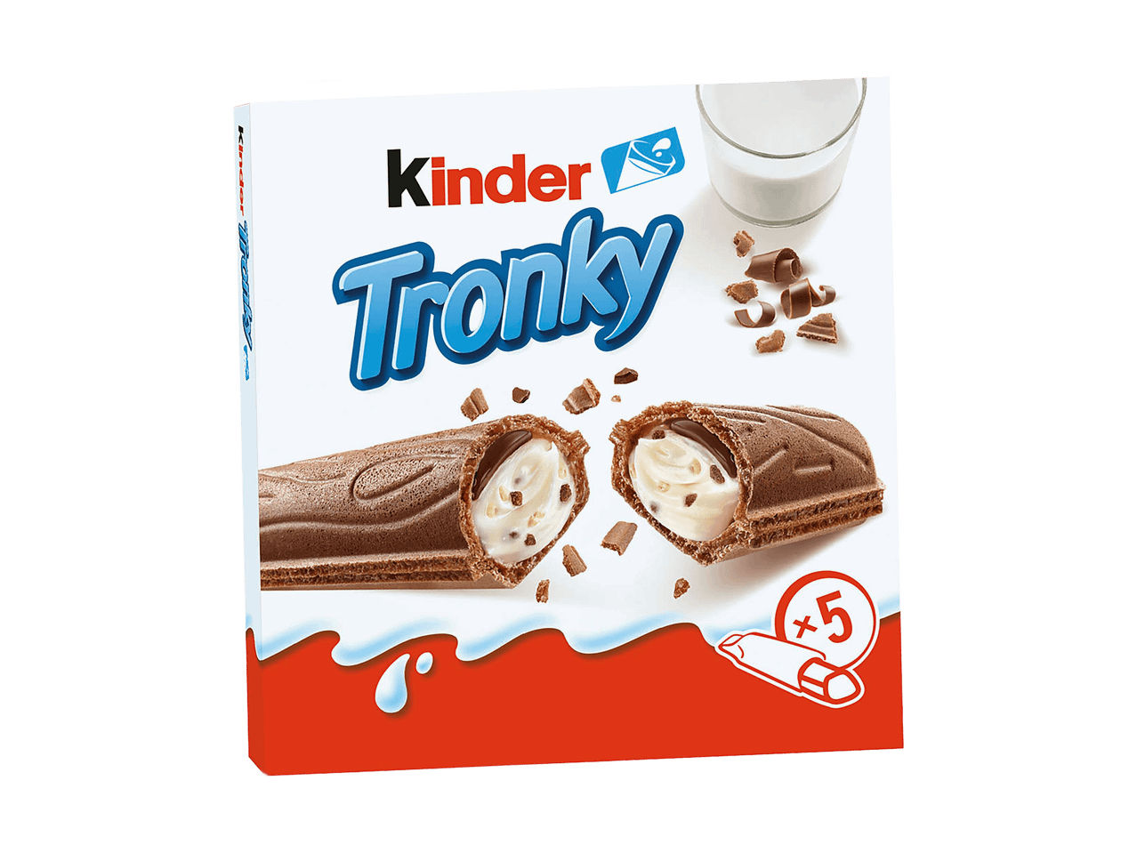 Packung Schokowaffeln mit cremiger Füllung, einem Glas Milch und Schokostückchen.