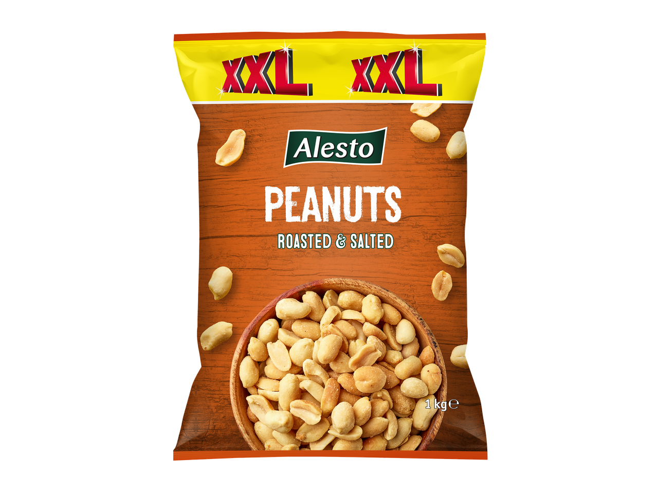 Sachet de cacahuètes grillées et salées, avec un bol de cacahuètes en bas.