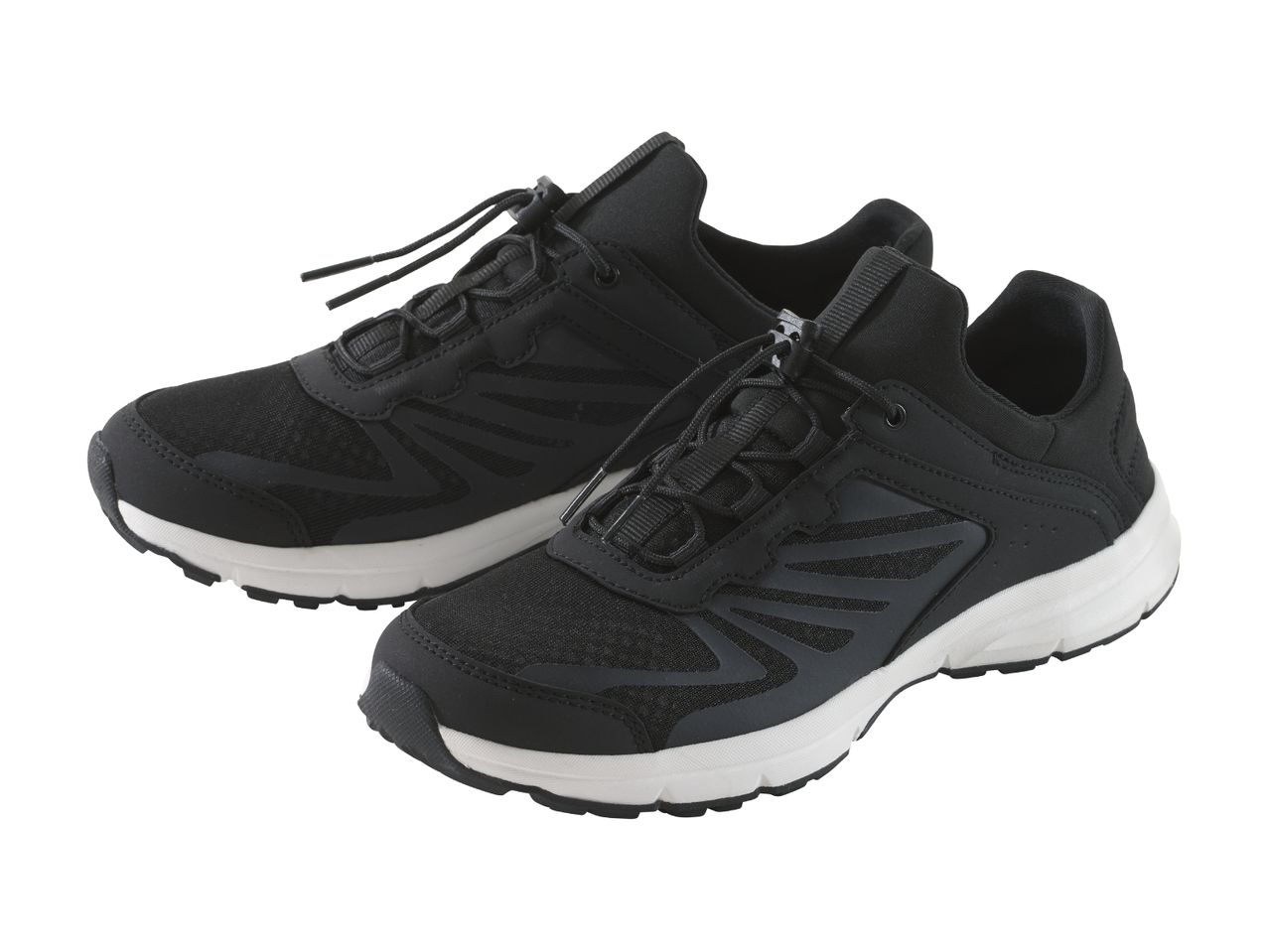 Pair of black and white athletic shoes with speed laces