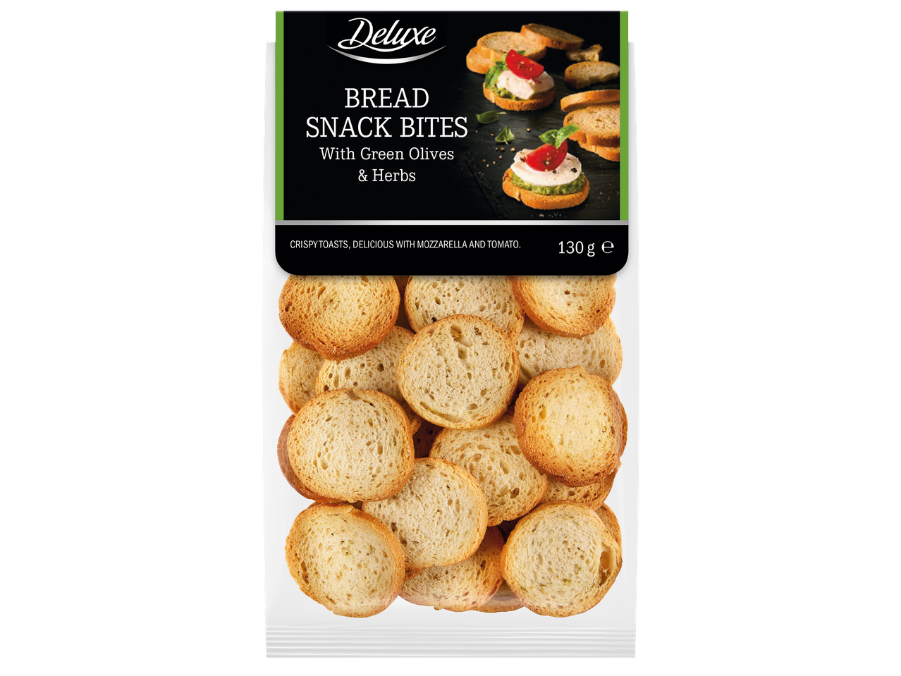 Опаковка с хрупкави хлебни хапки с маслини и билки, с текст „BREAD SNACK BITES“.