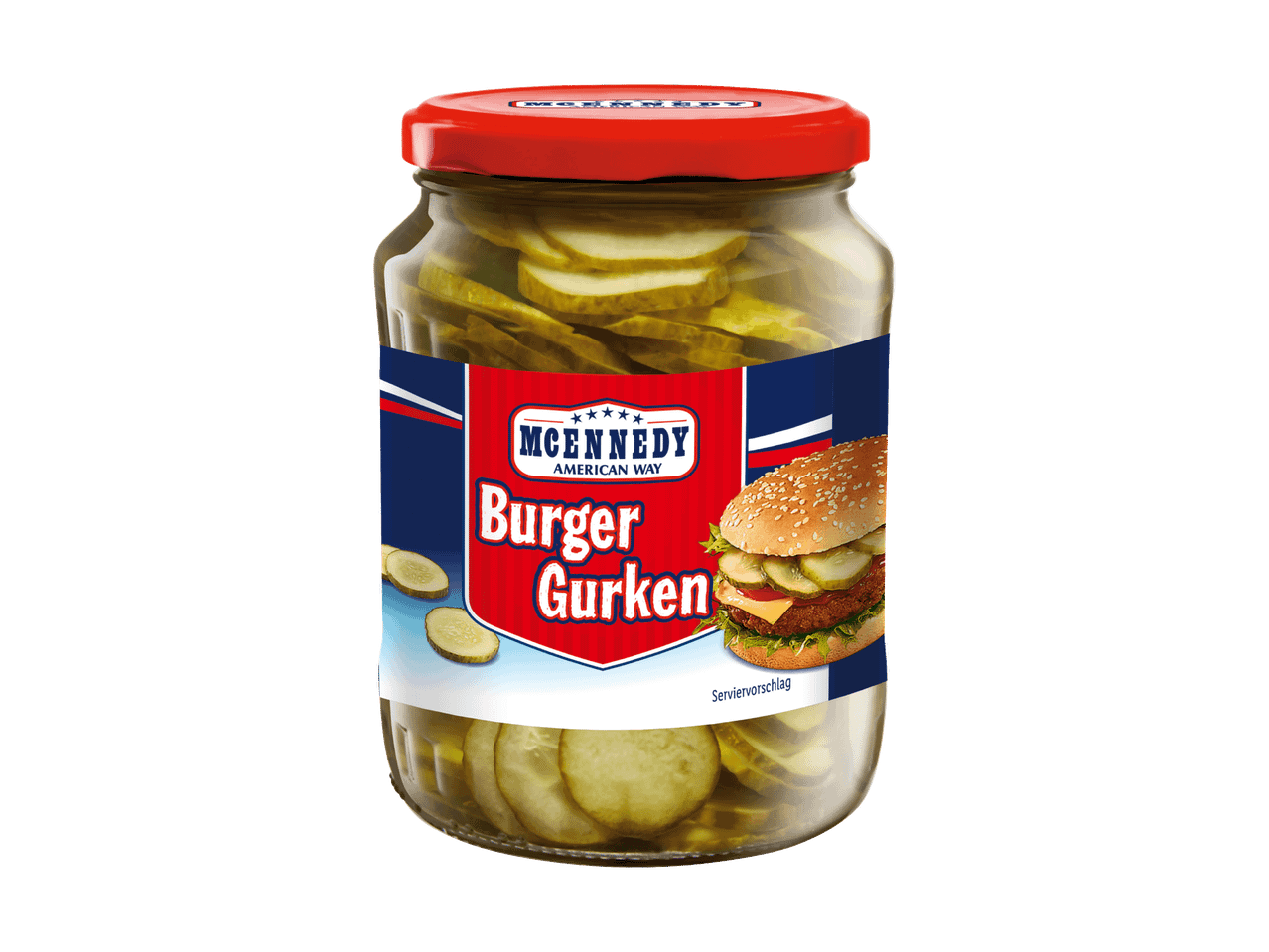 Bocal de cornichons en tranches pour burger avec étiquette rouge et bleue et image de burger.