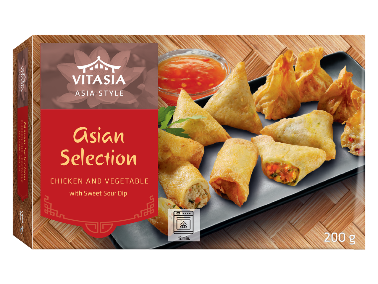 VITASIA ASIA STYLE Aziatische selectie met kip- en groentesnacks, geserveerd met zoetzure dip.