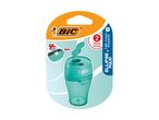 A teal BIC pencil sharpener with a flip-top lid is shown in its packaging.