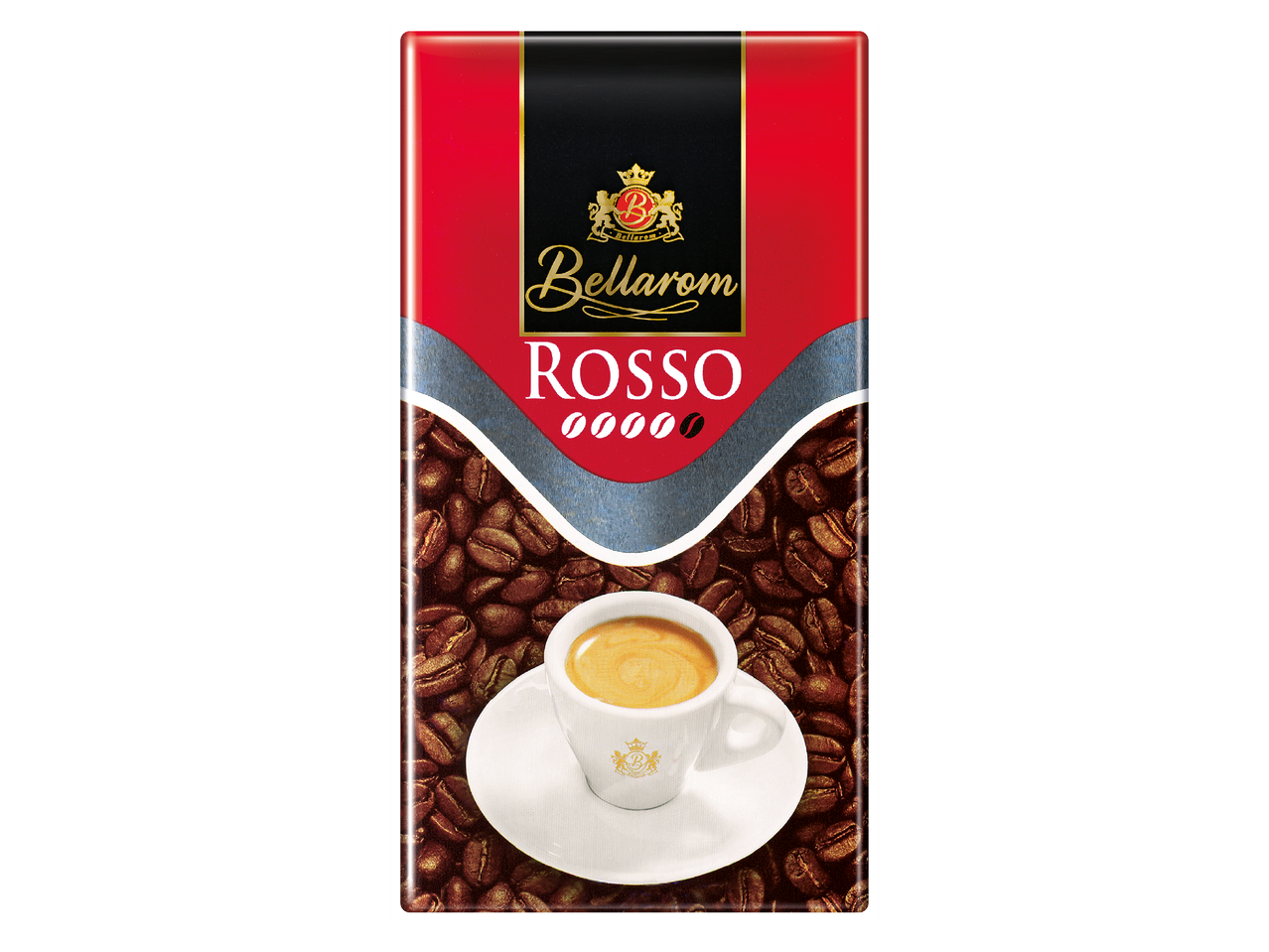 Опаковка кафе на зърна с чаша еспресо и надпис „ROSSO“